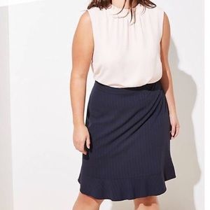 Ann Taylor Loft pencil skirt with ruffle trim. Navy with pinstripes.